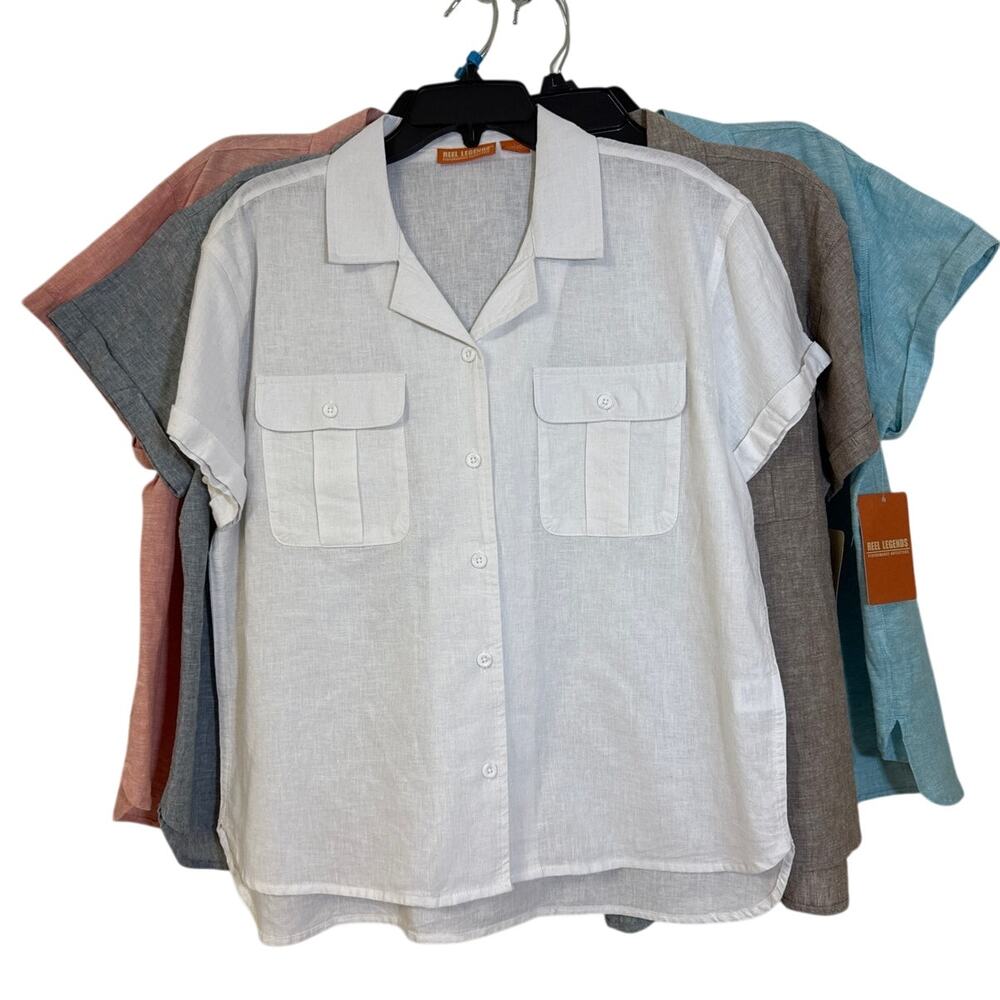 Reel Legends Lot 5 Large Tops Shitake, Blue, Terra-Cotta Gray White Cotton Linen